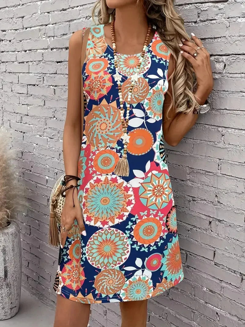 Women’s Geometric Floral Sleeveless Dress – Summer Vacation Style