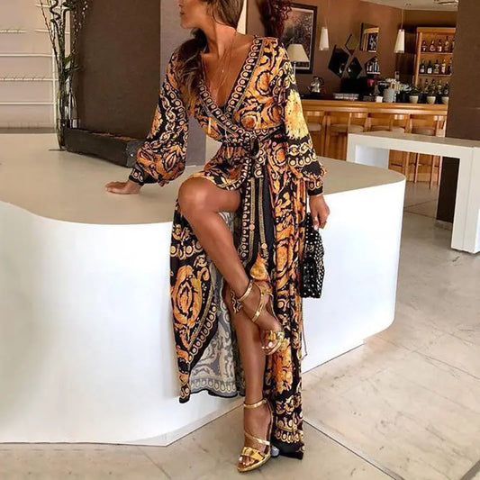 Women’s Glitter Deep V-Neck Long Party Dress – Elegant Formal Clubwear