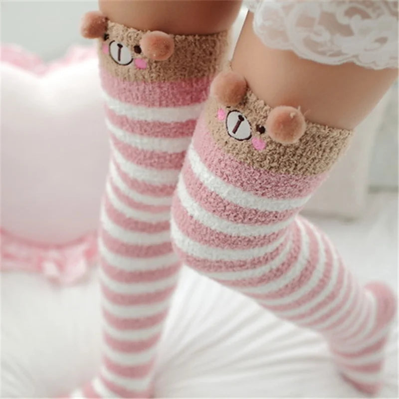 Japanese Mori Girl Knee Socks – Animal Modeling Striped Thigh-High Winter Socks