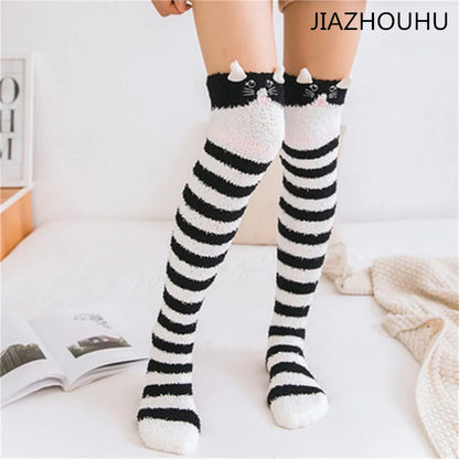 Japanese Mori Girl Knee Socks – Animal Modeling Striped Thigh-High Winter Socks