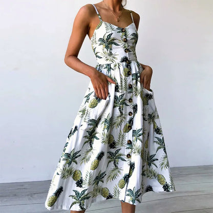 Summer Beach Print V-Neck Midi Dress