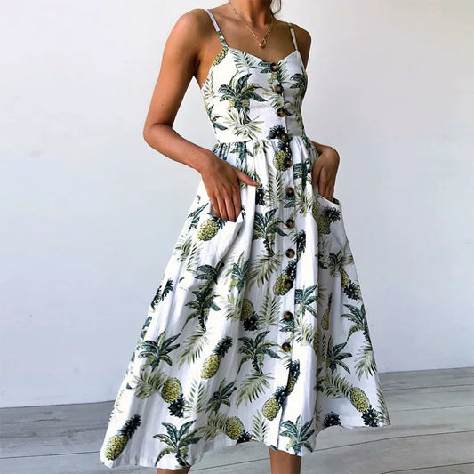 Summer Beach Print V-Neck Midi Dress