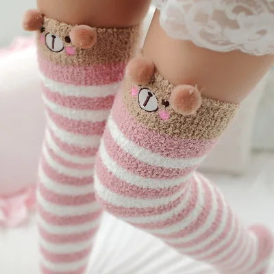 Japanese Mori Girl Knee Socks – Animal Modeling Striped Thigh-High Winter Socks