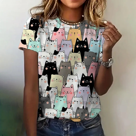 Women’s 3D Cat Print T-Shirt – Casual Summer Crew Neck Top
