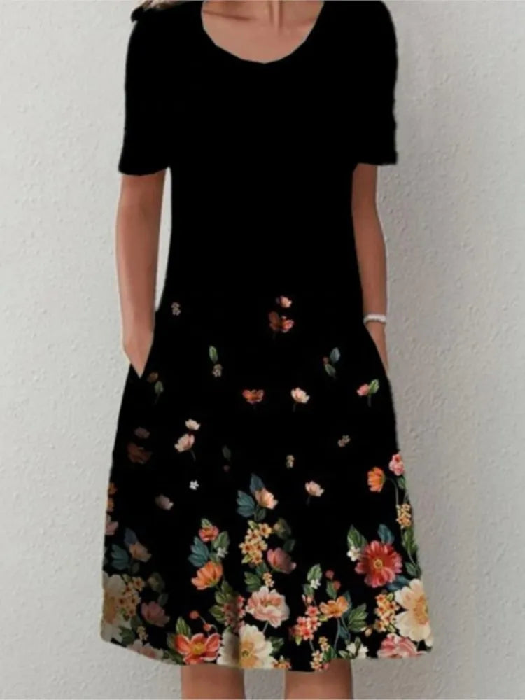 Boho Floral Print Pocket Midi Dress – Casual Summer Dress for Women