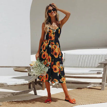 Summer Beach Print V-Neck Midi Dress
