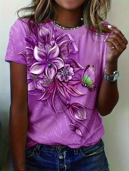 Women’s Flower Butterfly Printed Oversized T-Shirt – Summer Short Sleeve Tee