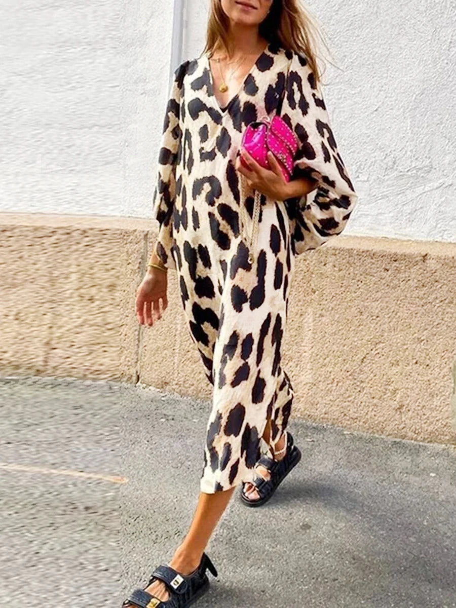 Women’s Autumn Bohemian Printed Dress – Lantern Sleeve V-Neck Vacation Dress