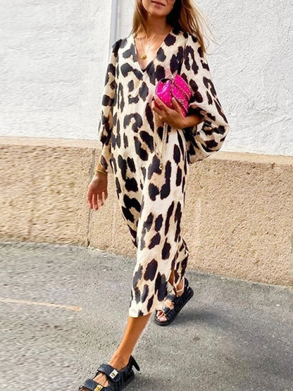 Women’s Autumn Bohemian Printed Dress – Lantern Sleeve V-Neck Vacation Dress