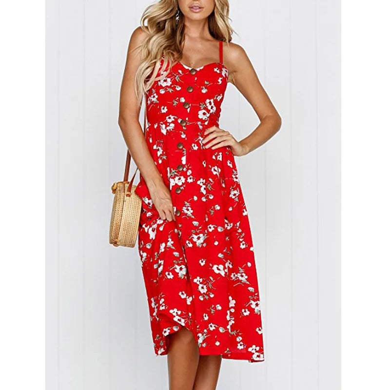 Summer Beach Print V-Neck Midi Dress