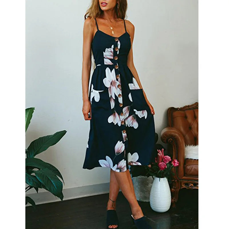 Summer Beach Print V-Neck Midi Dress