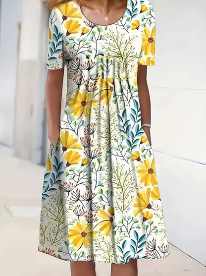 Boho Floral Print Pocket Midi Dress – Casual Summer Dress for Women