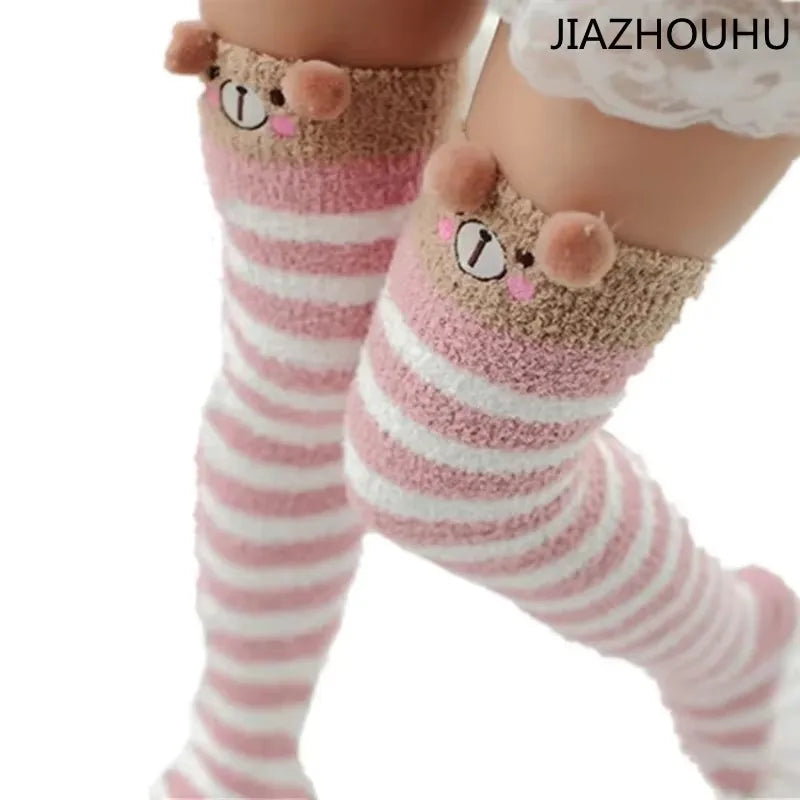 Japanese Mori Girl Knee Socks – Animal Modeling Striped Thigh-High Winter Socks