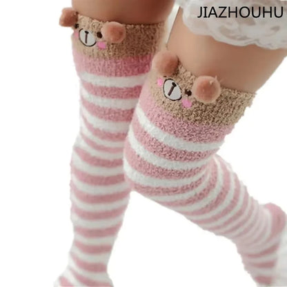 Japanese Mori Girl Knee Socks – Animal Modeling Striped Thigh-High Winter Socks