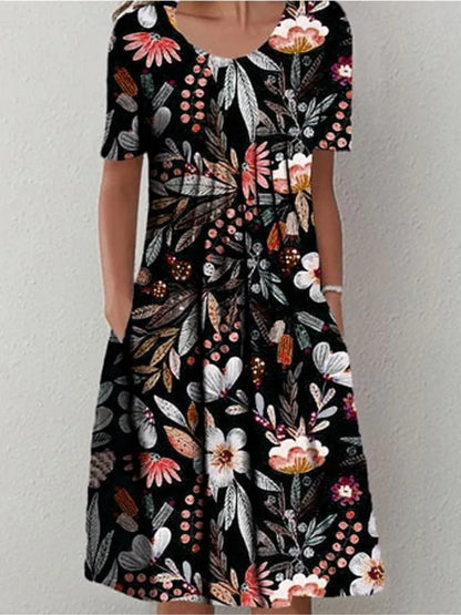 Boho Floral Print Pocket Midi Dress – Casual Summer Dress for Women