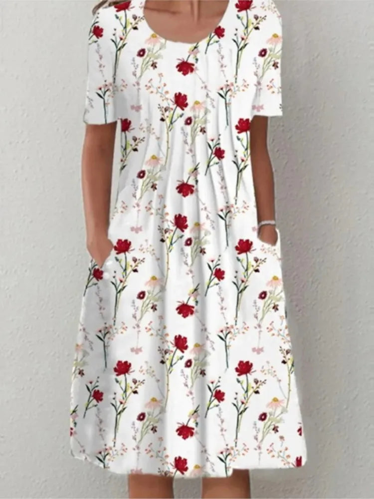 Boho Floral Print Pocket Midi Dress – Casual Summer Dress for Women
