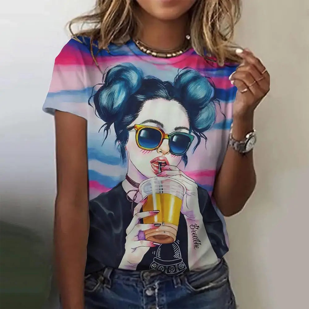 Women’s Cartoon Print T-Shirt – Harajuku Vintage Y2K Short Sleeve Tee