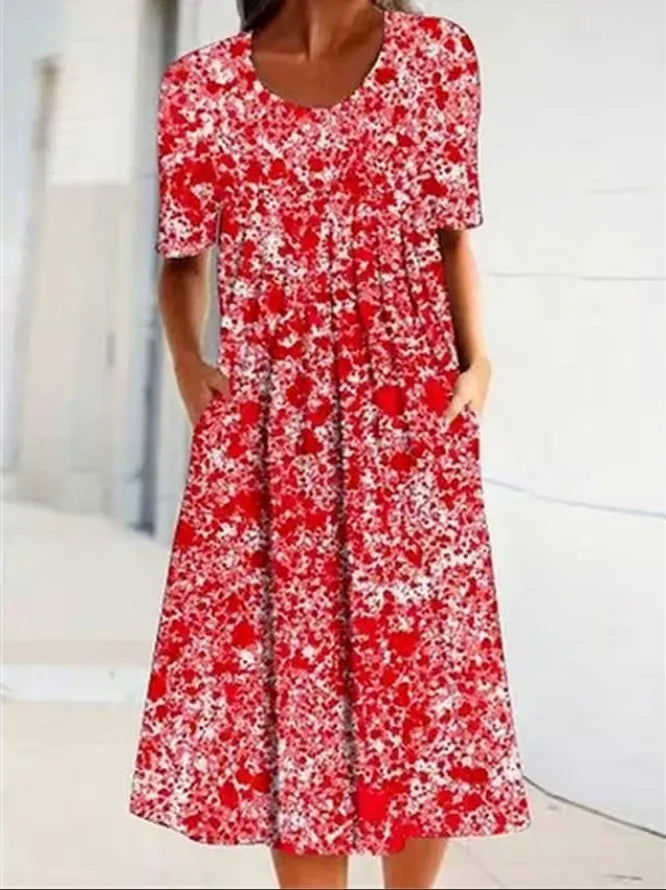 Boho Floral Print Pocket Midi Dress – Casual Summer Dress for Women