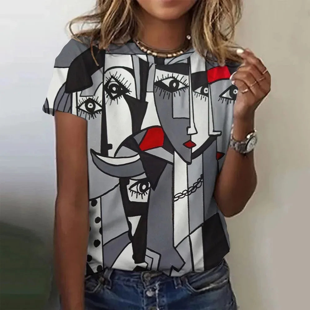 Women’s Picasso Abstract 3D Print T-Shirt – Vintage Short Sleeve Tee