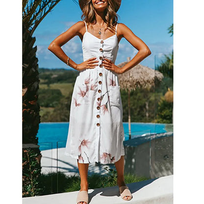 Summer Beach Print V-Neck Midi Dress