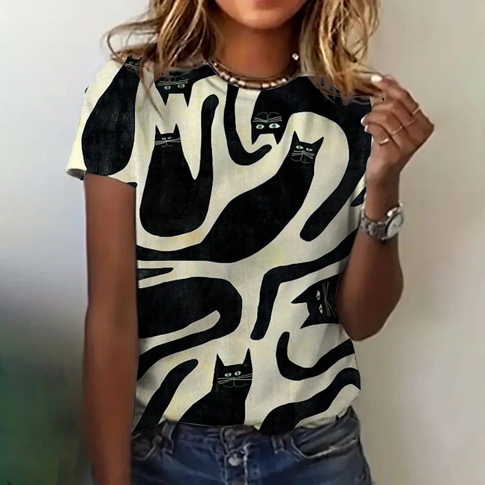 Women’s 3D Cat Print T-Shirt – Casual Summer Crew Neck Top