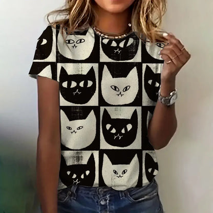 Women’s 3D Cat Print T-Shirt – Casual Summer Crew Neck Top