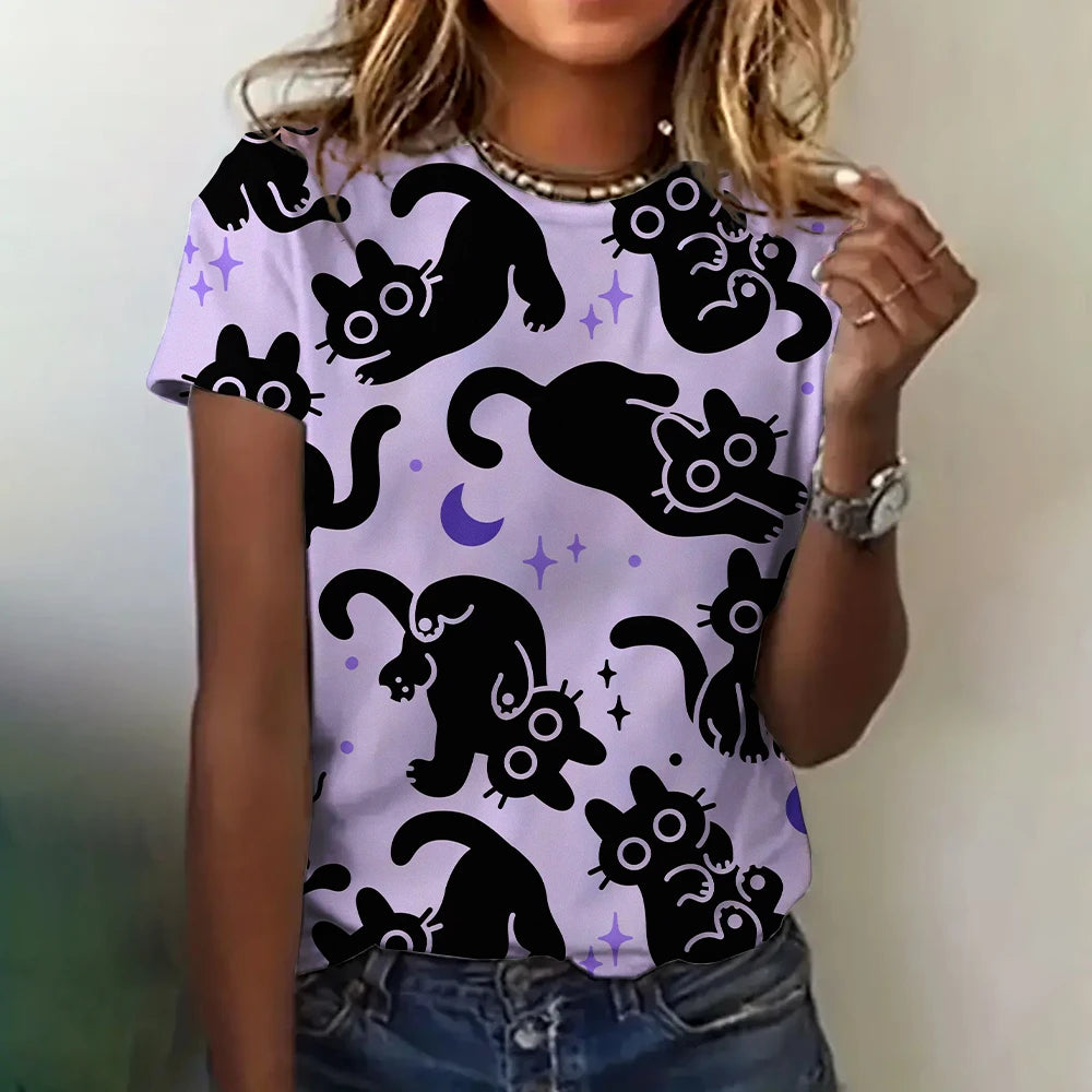Women’s 3D Cat Print T-Shirt – Casual Summer Crew Neck Top