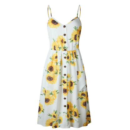 Summer Beach Print V-Neck Midi Dress