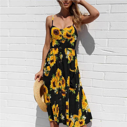 Summer Beach Print V-Neck Midi Dress