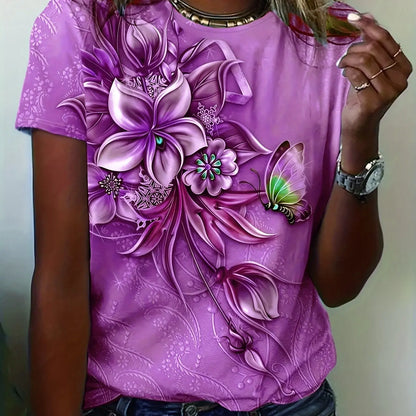 Women’s Flower Butterfly Printed Oversized T-Shirt – Summer Short Sleeve Tee
