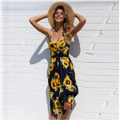 Summer Beach Print V-Neck Midi Dress