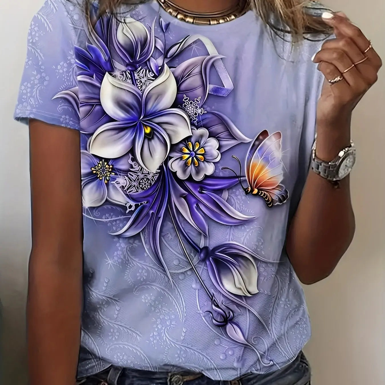 Women’s Flower Butterfly Printed Oversized T-Shirt – Summer Short Sleeve Tee