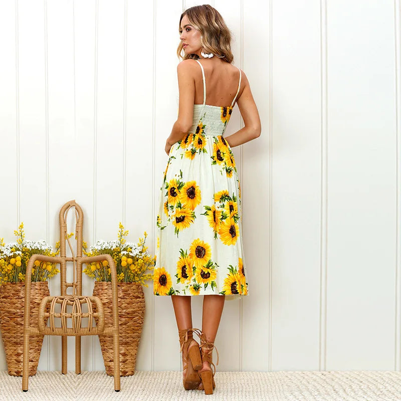 Summer Beach Print V-Neck Midi Dress