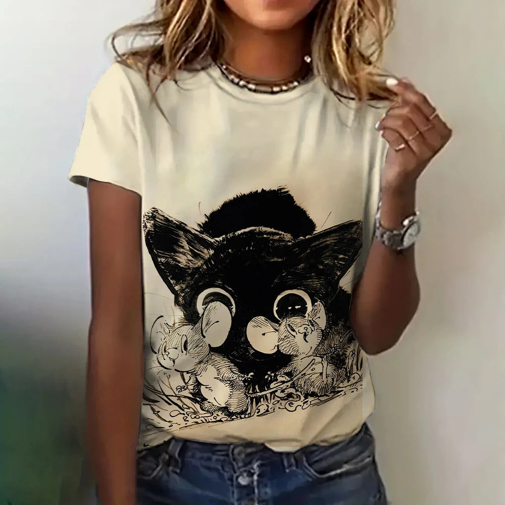 Women’s 3D Cat Print T-Shirt – Casual Summer Crew Neck Top