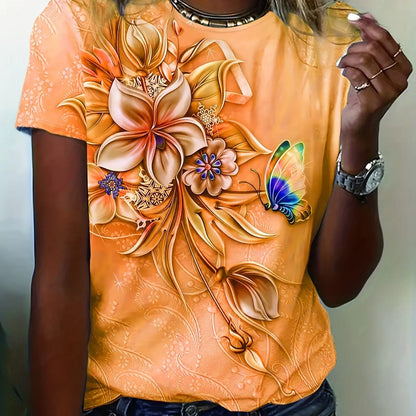 Women’s Flower Butterfly Printed Oversized T-Shirt – Summer Short Sleeve Tee