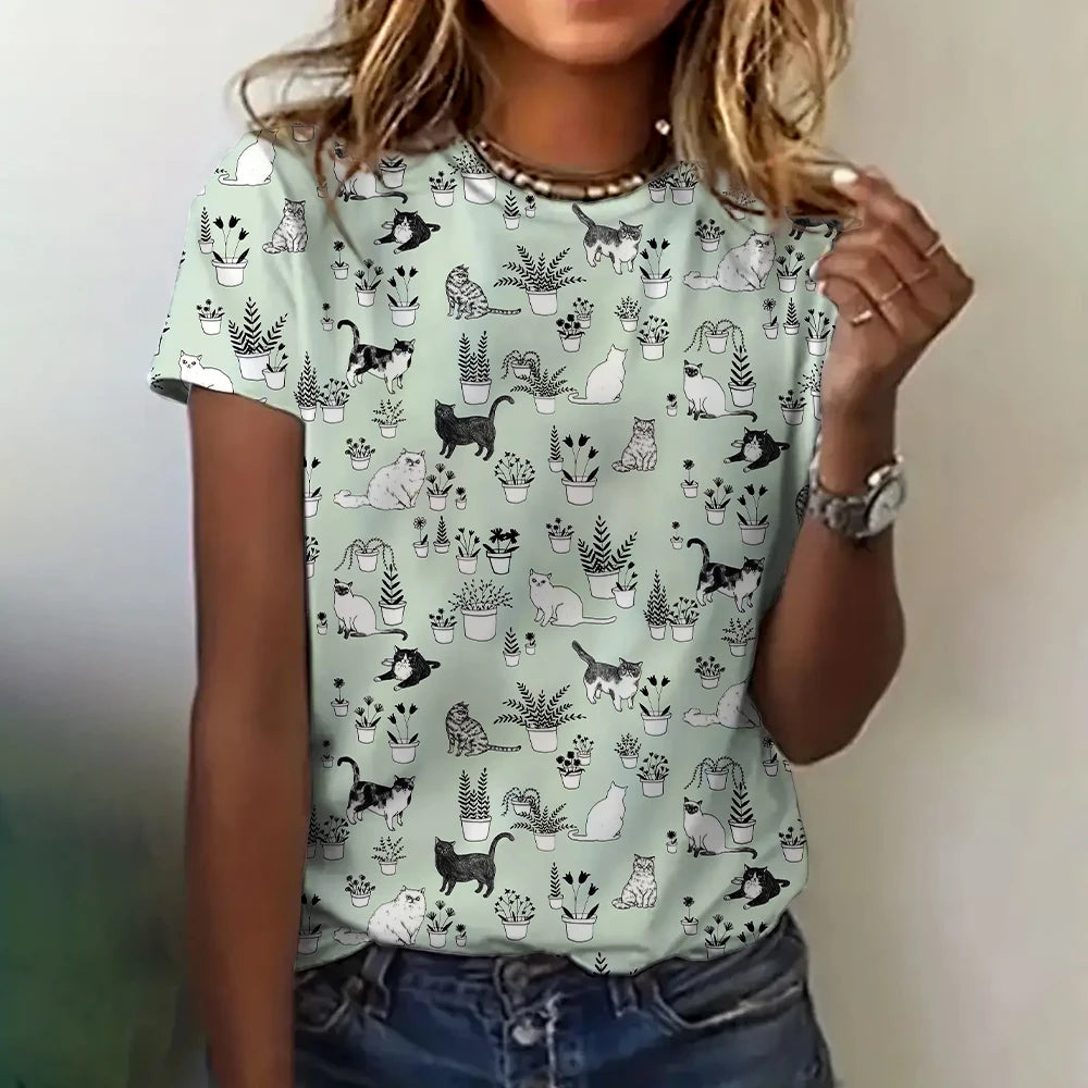 Women’s 3D Cat Print T-Shirt – Casual Summer Crew Neck Top