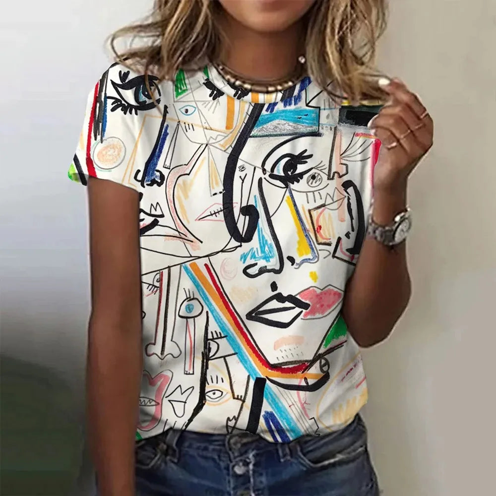 Women’s Picasso Abstract 3D Print T-Shirt – Vintage Short Sleeve Tee