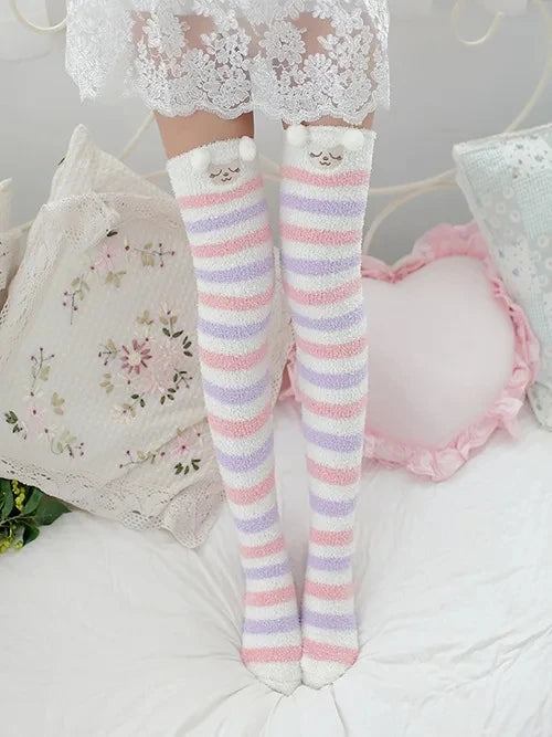 Japanese Mori Girl Knee Socks – Animal Modeling Striped Thigh-High Winter Socks
