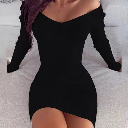 V-Neck Bodycon Dress – Off-Shoulder Long Sleeve Mini Dress for Women