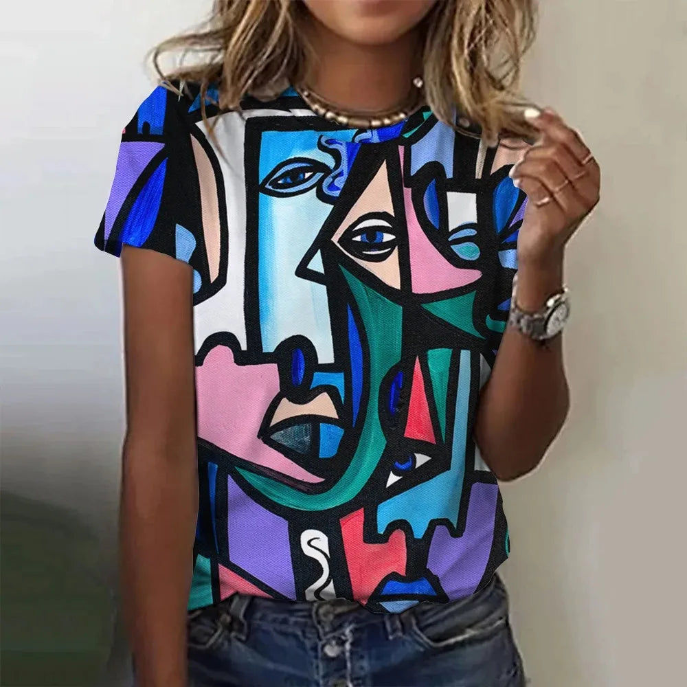 Women’s Picasso Abstract 3D Print T-Shirt – Vintage Short Sleeve Tee
