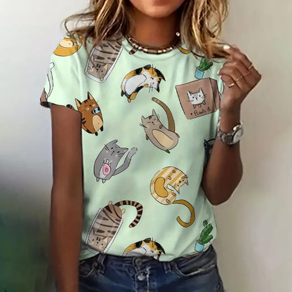 Women’s 3D Cat Print T-Shirt – Casual Summer Crew Neck Top