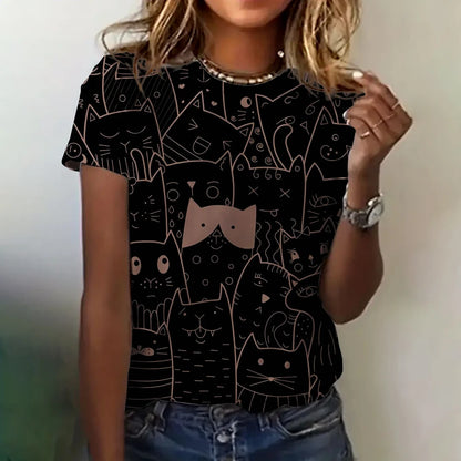 Women’s 3D Cat Print T-Shirt – Casual Summer Crew Neck Top