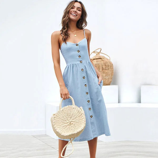 Summer Beach Print V-Neck Midi Dress