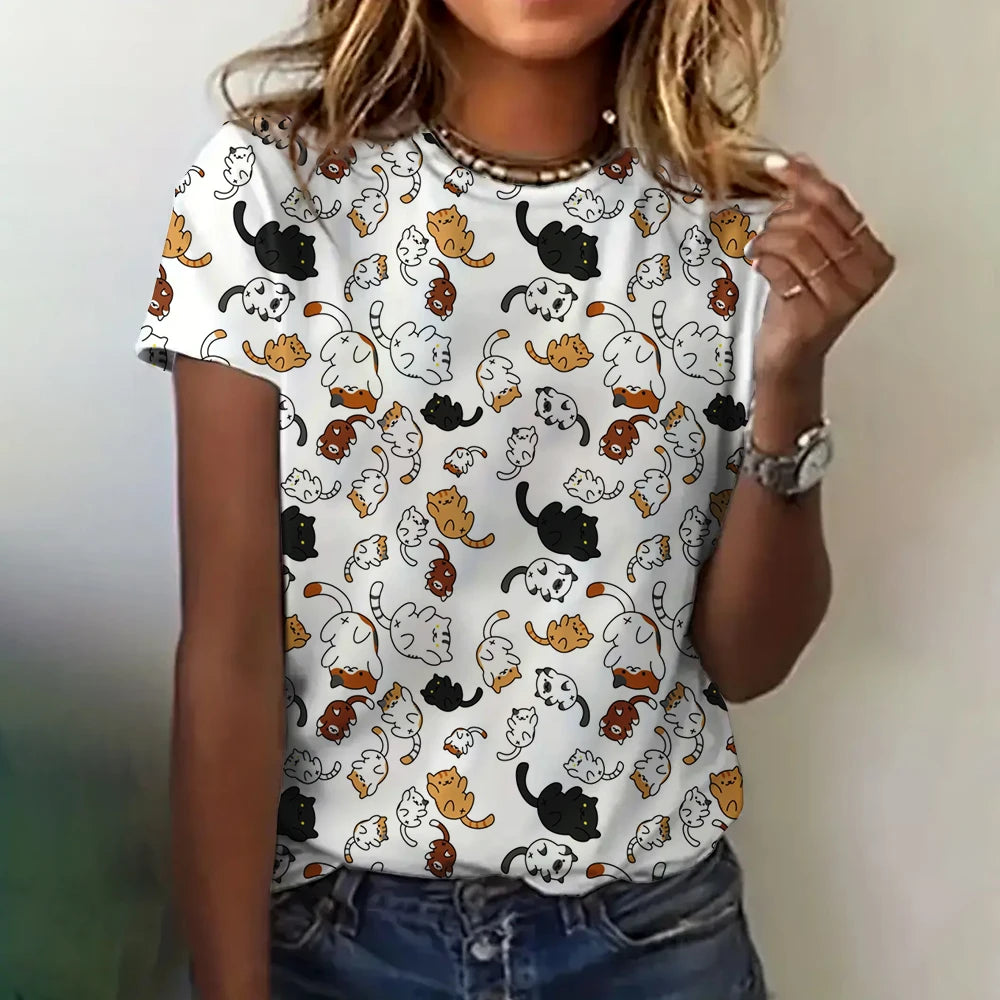 Women’s 3D Cat Print T-Shirt – Casual Summer Crew Neck Top