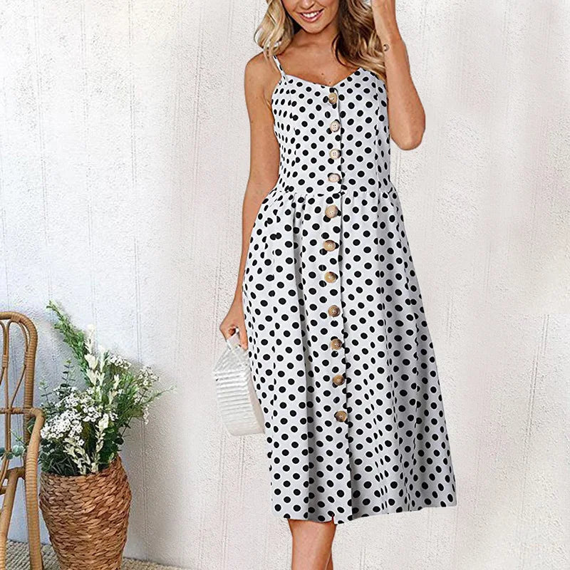 Summer Beach Print V-Neck Midi Dress