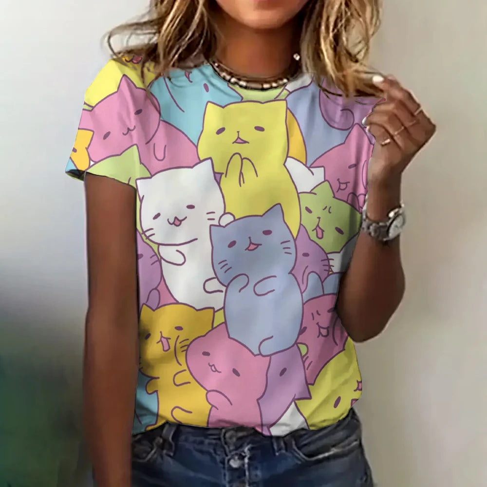 Women’s 3D Cat Print T-Shirt – Casual Summer Crew Neck Top