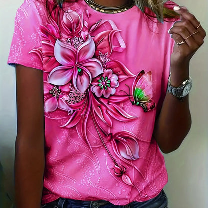 Women’s Flower Butterfly Printed Oversized T-Shirt – Summer Short Sleeve Tee