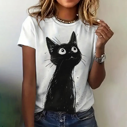 Women’s 3D Cat Print T-Shirt – Casual Summer Crew Neck Top