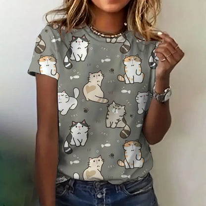 Women’s 3D Cat Print T-Shirt – Casual Summer Crew Neck Top